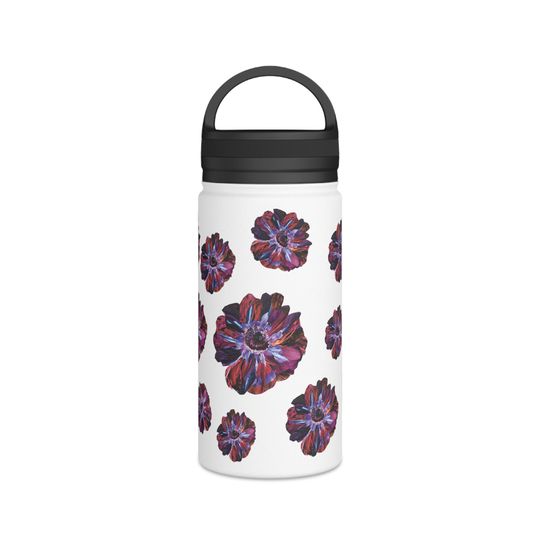 ARTIFICE FLOWER ExPLOSION Stainless Steel Water Bottle, Handle Lid. Primary colors are Violet, Red, and Black