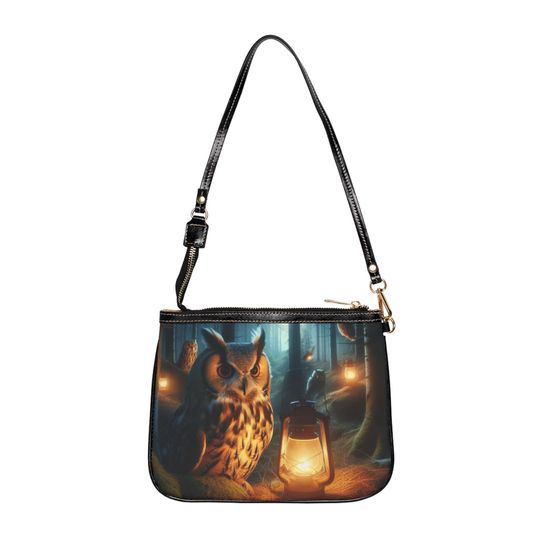 Leather bag with owl at night in the forest - night landscape with lanterns - spirit forest