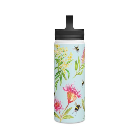 Floral and Bees Stainless Steel Water Bottle, Handle Lid