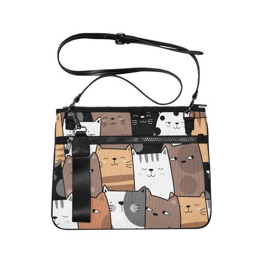 Cute Cartoon Cat Collage Clutch for Cat Caregivers, Bag for Cat Lovers, Shoulder Bag with Cat Pattern