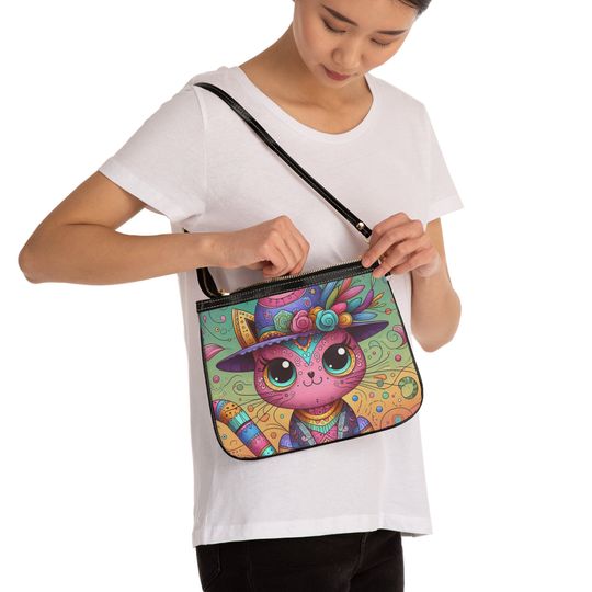 Cute Colourful Whimsical Cat Small Shoulder Bag, Matching Fashion Apparel Accessories For Her Gift