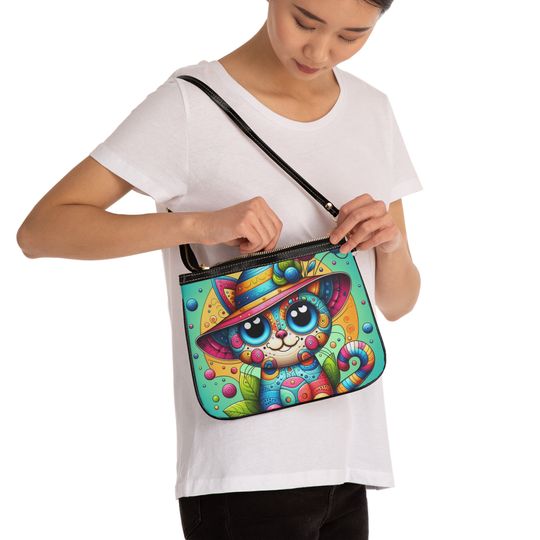 Colourful Whimsical Cat Small Shoulder Bag, Matching Fashion Apparel Accessories For Her Gift