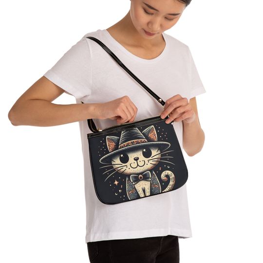 Cute Whimsical Cat with Hat Small Shoulder Bag, Matching Fashion Apparel Accessories For Her Gift