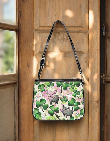 Shamrock Lucky Pigs Artistic Design Small Shoulder Bag Handbag, Small Purse Clover Bag, Matching Fashion Apparel Accessories