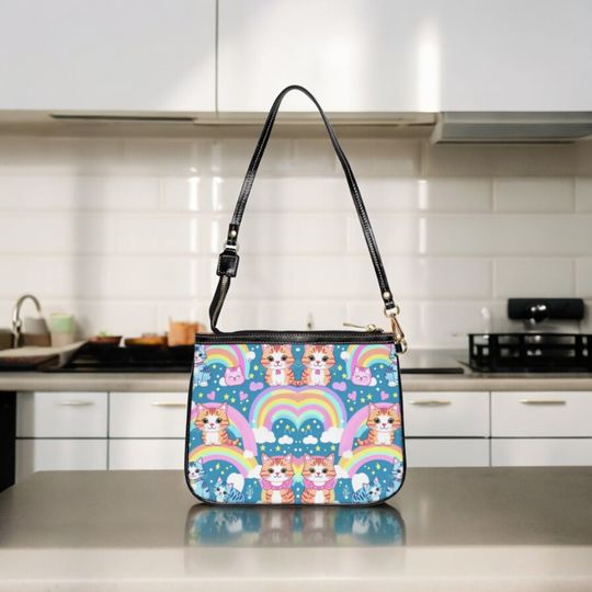 Pastel Rainbow Cat Artistic  Leather Creulty Free Small Shoulder Bag, Small Purse Handbag, Matching Cat Fashion Apparel