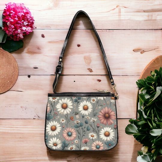 Daisy Pattern Small Shoulder Bag, Unique Shoulder Bag, Daisy Pattern Bag, Vegan Leather Shoulder Bag, Casual Bag, Floral Pattern Bag