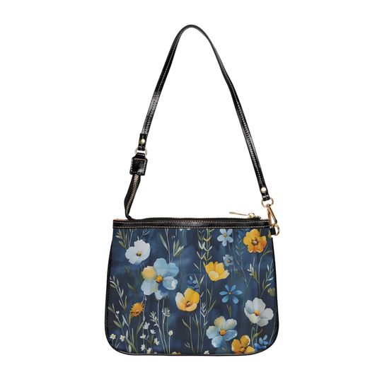 Watercolor Style Floral Small Shoulder Bag Elegant Dark Blue Background with Pale Blue and Yellow Blooms PU Leather Bag Gift for Her