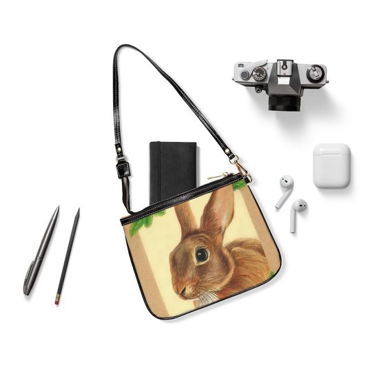 Rabbit in Strawberries Small Shoulder Bag, Vintage Shoulder Bag, Gift for Her, Small Shoulder Bag for Women