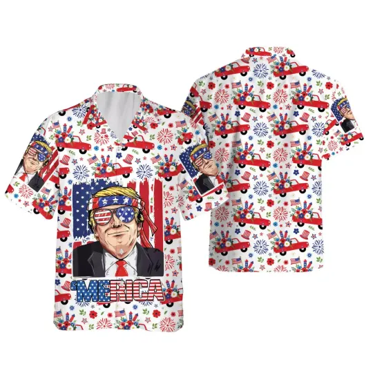 Funny Trump Pickup Truck Merica 2024 Patriotic Happy 4th Of July Hawaiian Shirt, Funny Politic Hawaiian Shirt, US Election 2024 Button Short Sleeve Summer Shirt