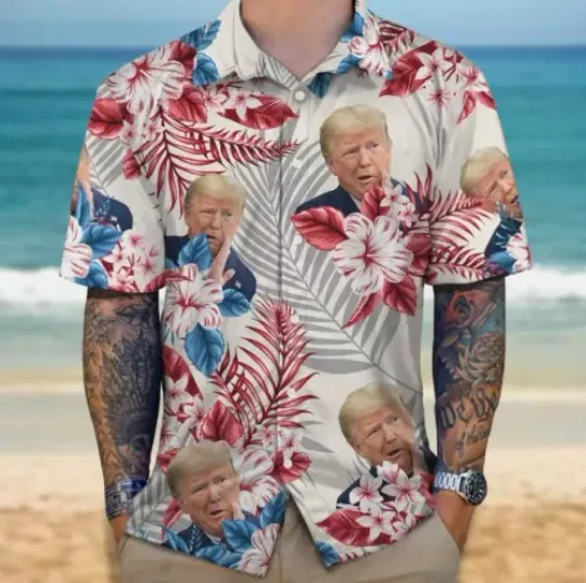 new, Funny Trump Face Tropical Hibiscus Flowers Hawaiian Shirt, Funny Politic Hawaiian Shirt, US Election 2024 Button Short Sleeve Summer Shirt