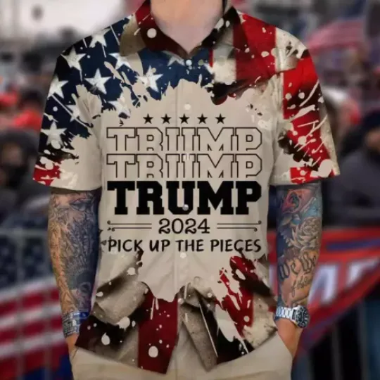 Trump 2024 Pick Up The Pieces Vintage American Flag Hawaiian Shirt, Funny Politic Hawaiian Shirt, US Election 2024 Button Short Sleeve Summer Shirt