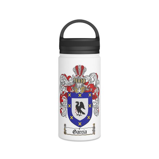 Garcia Family Name - Familia Heraldry - Hispanic Spanish Latin Surnames  - Stainless Steel Water Bottle, Handle Lid