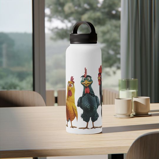Chicken Team Water Bottle, 12oz, 18oz, 32oz Stainless Steel Water Bottle With Twist Handle Lid