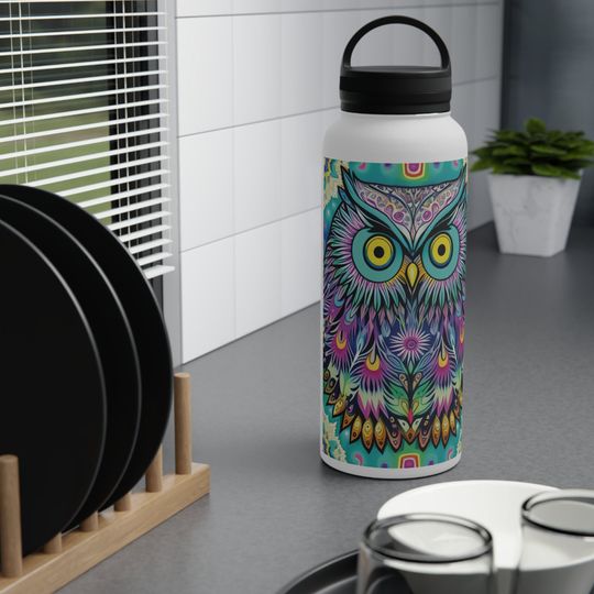 Stainless Steel Water Bottle, Handle Lid, Owls, Birds, Nature, 32oz