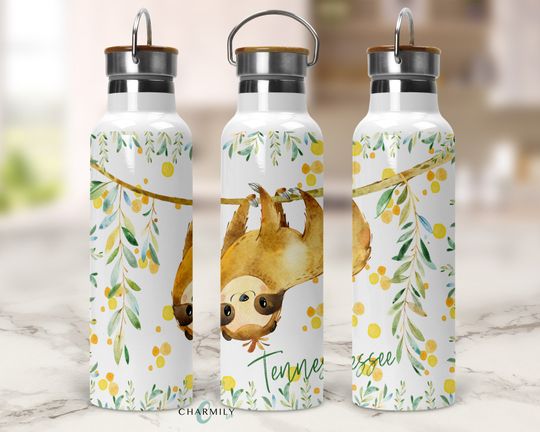 Sloth Insulated Water Bottle | 750mls | Bamboo Handle Lid | Personalised | Non-Personalised