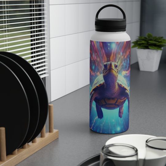 Turtle God in Space Stainless Steel Water Bottle Handle Lid Vacuum Insulated BPA-Free Reusable Hiking Bachelor Bachelorette 12oz 18oz 32oz