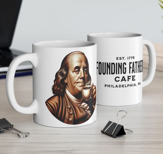 Benjamin Franklin Coffee Mug, Patriotic & Historical Gift, Unique Creative Present for Teachers and History Buffs, ceramic 11oz
