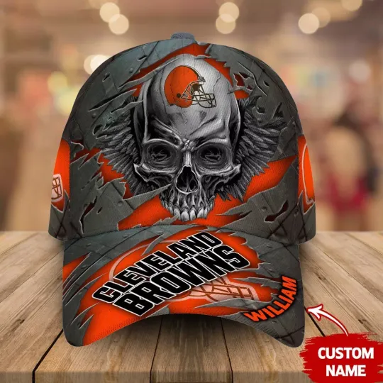 Custom Name Cleveland Browns football Skull Baseball Caps AOP, Gift For Fan, Summer Cap
