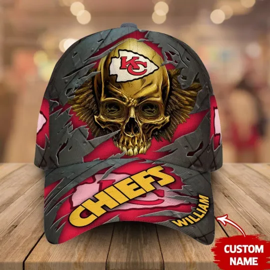 Custom Name Kansas City Chiefs football Skull Baseball Baseball Caps AOP, Gift For Fan, Summer Cap