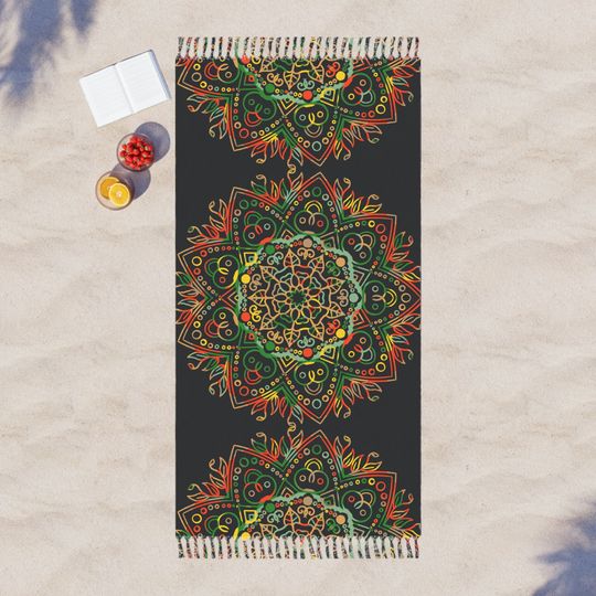 Boho Beach Cloth decorated with Mandala Art - Original Fine Art Hand-Drawn - Dark Charcoal Blue
