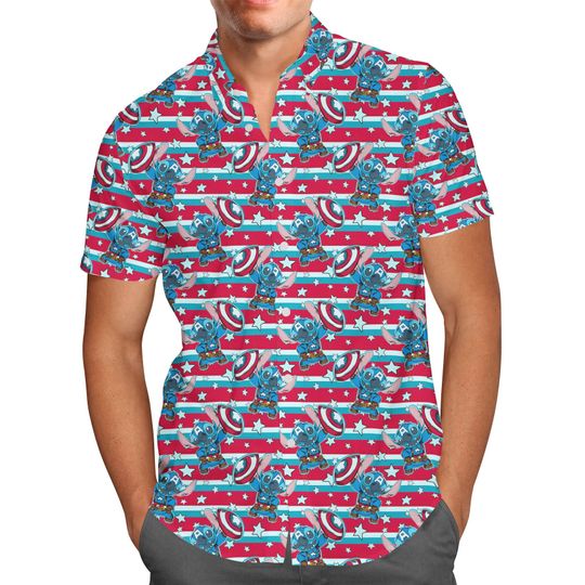 Superhero Stitch Hawaiian Shirt - Captain America - Theme Park Inspired Men's Button Down Short-Sleeved Shirt