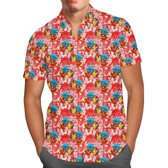 Superhero Stitch Hawaiian Shirt - Ironman - Theme Park Inspired Men's Button Down Short-Sleeved Shirt