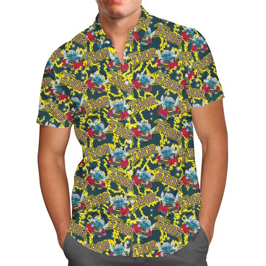 Superhero Stitch Hawaiian Shirt - Thor - Theme Park Inspired Men's Button Down Short-Sleeved Shirt