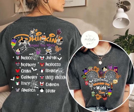 Two-sided Drinking Around the World T-shirt, Mickey & Friends Epcot Halloween shirt, Disney Skeleton Tee, Disney Halloween Party 2024
