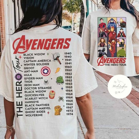 Two-sided Disney Marvel Avengers The Hero Tour Shirt, Superhero Thor Captain America Iron Man Spiderman Group Shirt