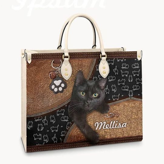 Personalized Black Cat Leather Bag Mysterious Elegant Black Cat Lady Handbag, Custom Leather Bag,Woman Handbag,Handmade Bag