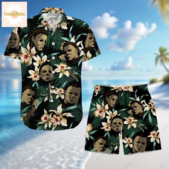 Halloween Michael Myers Hawaiian Shirt, Button Up Shirt, Michael Myers Mens Shorts, Horror Characters Shirt, Beach Shorts, Gift For Him