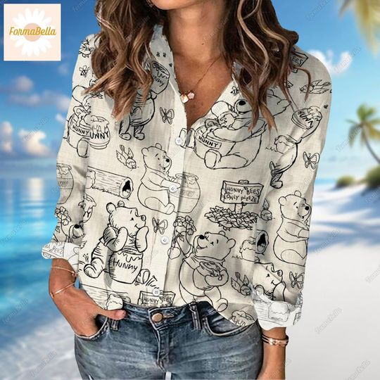 Halloween Pooh Women's Blouse Shirt, Winnie The Pooh Shirt, Pooh Bear Linen Shirt, Disney Pooh Shirt, Linen Shirt Women, Blouse Women Shirt