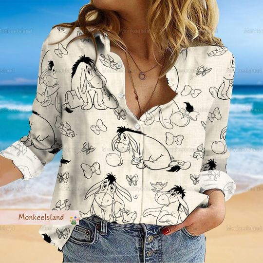 Eeyore Winnie The Pooh Women's Blouse Shirt, Disney Eeyore Women Blouses, Funny Eeyore Linen Blouse, Eeyore Lover Gift, Gift For Her