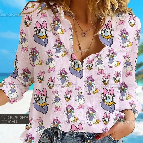 Daisy Duck Women's Blouse Shirt, Pink Daisy Duck Shirt, Disney Women Blouses Shirt, Magic Kingdom Shirt, Shirts For Women, Linen Button Shirt