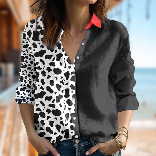101 Dalmatians Women's Blouse Shirt, Animated 101 Dalmatians Long Sleeve Linen Shirt, Cartoon Women Blouses Shirt, Magic Kingdom Family Trip Gift