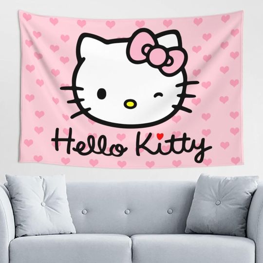 Hello Kitty Cat Kawaii Tapestry, Aesthetic Cute Room Anime Tapestry, Birthday Decor Wall Hanging, Gift Kid Girl Bedroom, Living Room