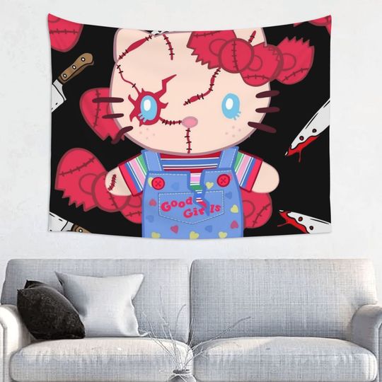Hello Kitty Horror Doll Tapestry, Hippie Polyester Wall Hanging, Home Decor Beach Mat, Mandala Wall Blanket