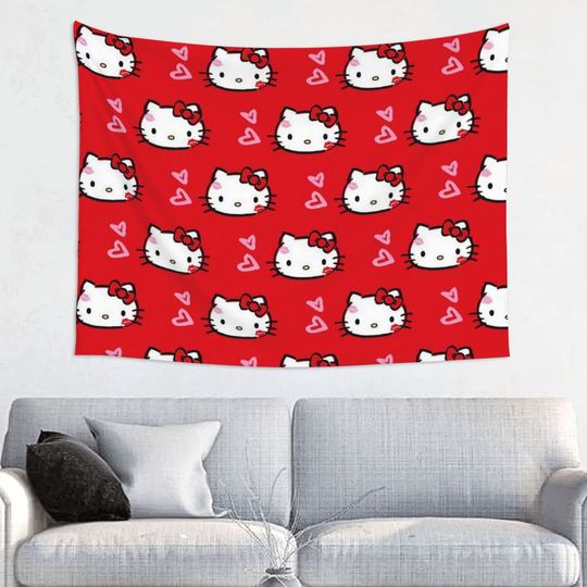 Hello Kitty Sanrio Kawaii Tapestry, Hippie Polyester Wall Hanging, Room Decor Background Cloth, Psychedelic Tapestries