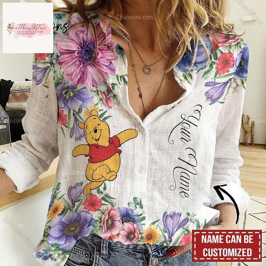 Halloween Pooh Women's Blouse Shirt, Disney Pooh Casual Shirt, Custom Linen Shirt, Winnie The Pooh Shirt, Blouse Women Shirt, Long Sleeve Shirt