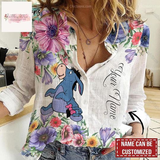 Halloween Eeyore Women's Blouse Shirt, Disney Eeyore Casual Shirt, Custom Linen Shirt, Winnie The Pooh, Blouse Women Shirt, Long Sleeve Shirt