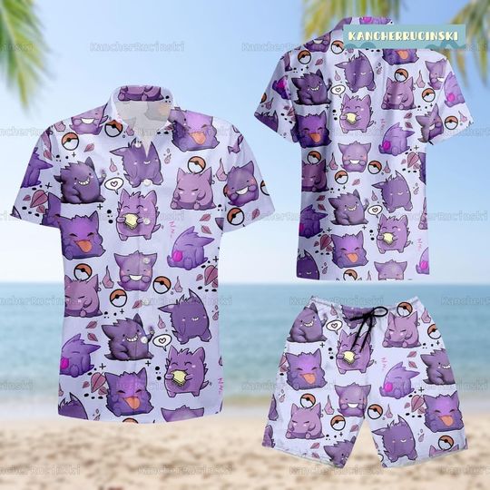 Gengar poket mons Hawaiian Shirt And Short Set, Ghost Monster Button Up Shirt, Anime Hawaiian Short, Pocket Monster Beach Summer Shirt