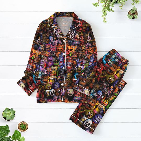 Five Nights At Freddy Pajamas Set, Five Nights At Freddy Pajamas, Five Nights At Freddy Video Game Pjs, Phantom Freddy Pajamas Set, FNAF Long Sleeve