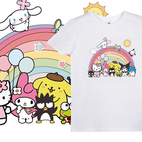 Hello Kitty and Friends Kids T-Shirt, Comfortable Children Girl Tee, Funny Crewneck T-shirt, Birthday Party Tee, Lovely Cat Shirt