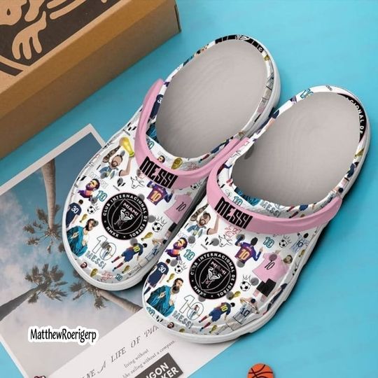 Personalize 2023-2024 Miami International Major League Clogs, #10 Messi Shoes, White and Pink Clogs, Gift for him