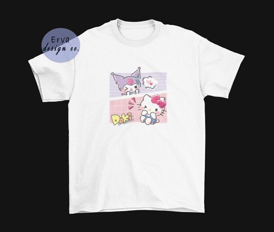 Custom Hello Kitty Cartoon Shirt,Hello Kitty Kuromi Print T-shirt, Funny Hello Kitty T-shirt, Disneyland Shirt, Marvel Shirts, Cute Cat