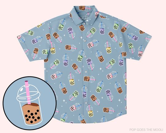 BOBA Shirt Unisex Kawaii Novelty Button Up Down Hawaiian - Cute Japanese Taiwan chibi anime bubble milk tea coffee quirky fun yami Yume cool
