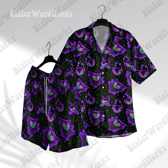 Gengar Ghost Neon Hawaiian Shirt Ghost Type Funny Cute Aloha Shirt Gengar Shirt Gifts Anime Shirt