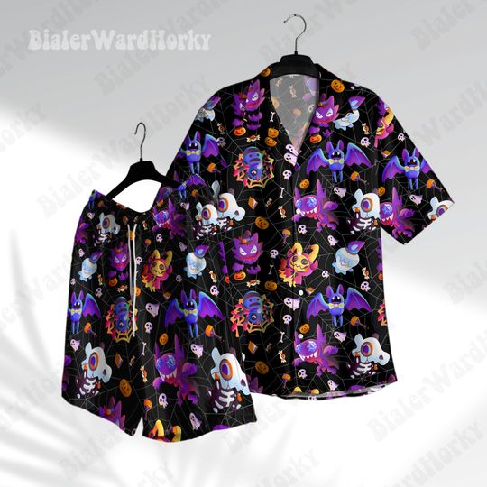 Spooky Characters Hawaiian Shirt Ghost Type Anime Shirt Gengar Mimikyu Halloween Shirt Gifts