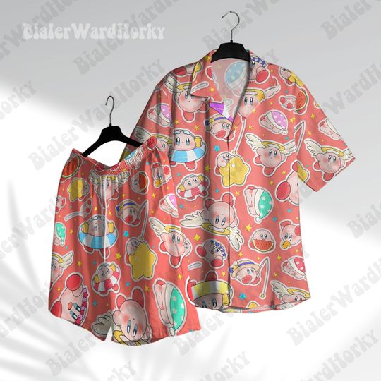 Kirby Funny Hawaiian Shirt Shorts Cute Shirt Water Type Aloha Beach Shirt Anime Shirt Kirby Gifts