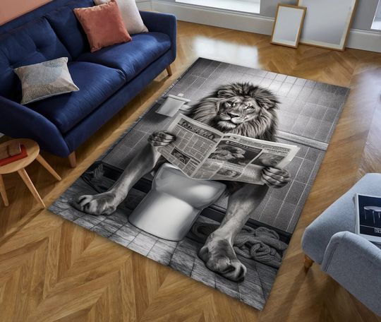 Funny rug print,Toilet funny bathroom decor, bathroom rug,funny animal print, lion funny art, lion rug,Trendy lion rug, animal rug,Cool Rugs
